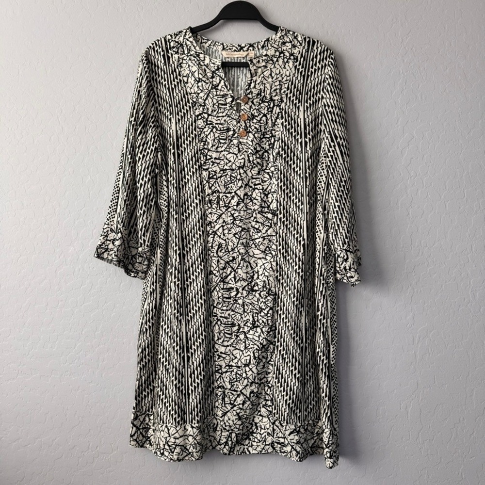 Soft Surroundings Dress Cream Black White Print 3/4 Sleeve Casual Dress PXL